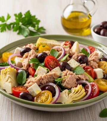 A vibrant, no-cook salad packed with protein-rich tuna, beans, fresh veggies, and zesty lemon dressing for a quick Mediterranean meal.